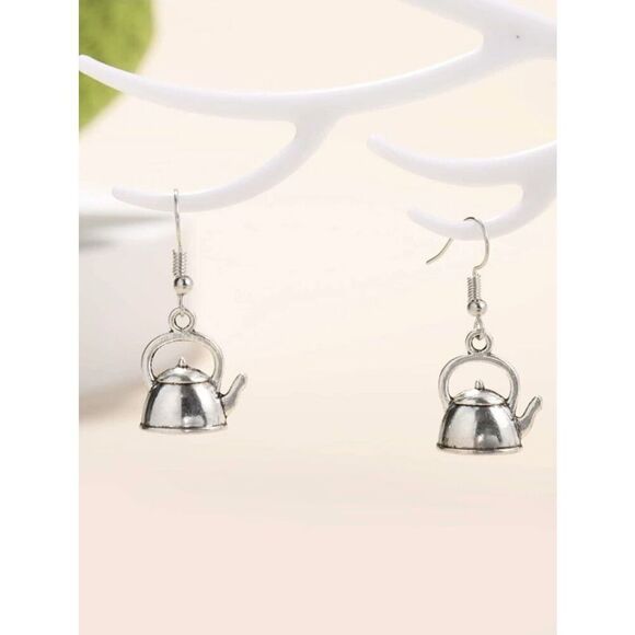 Tea Pot Silver Dangle Earrings New - Picture 1 of 3